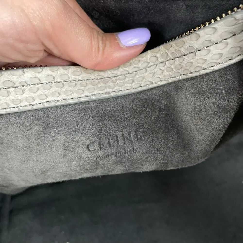 Celine Light Beige Python Embossed Leather Tote with Blue Accent